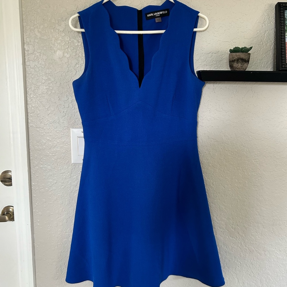 Karl Lagerfeld Vibrant Blue Mini Dress with scalloped V-neck Sleeveless Style - Picture 1 of 3